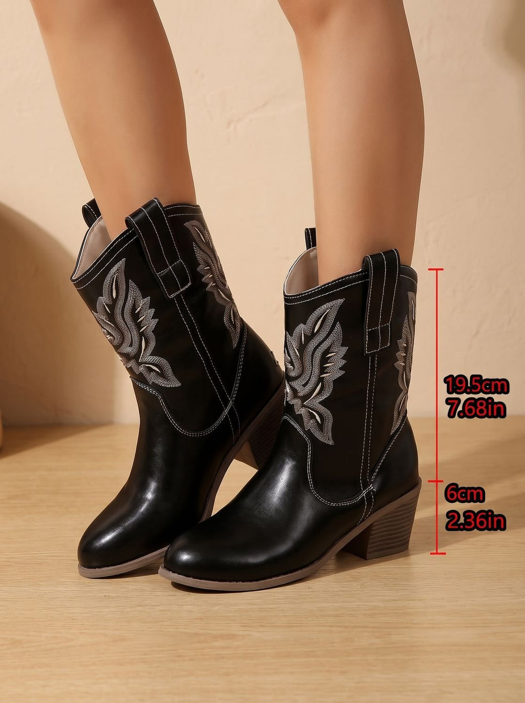 Women's Stitched Embroidery Block Heel Pull-On Boots