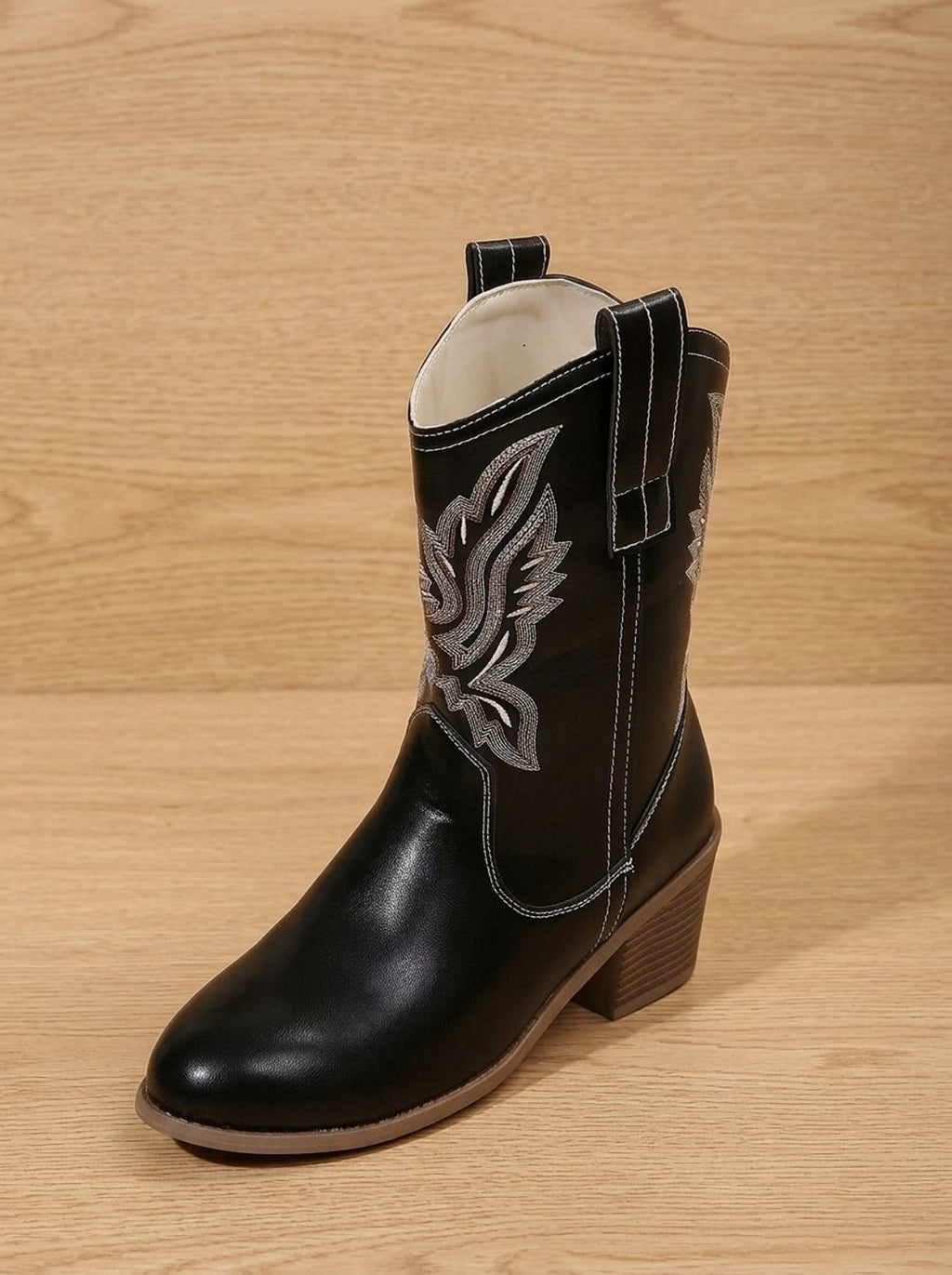 Women's Stitched Embroidery Block Heel Pull-On Boots