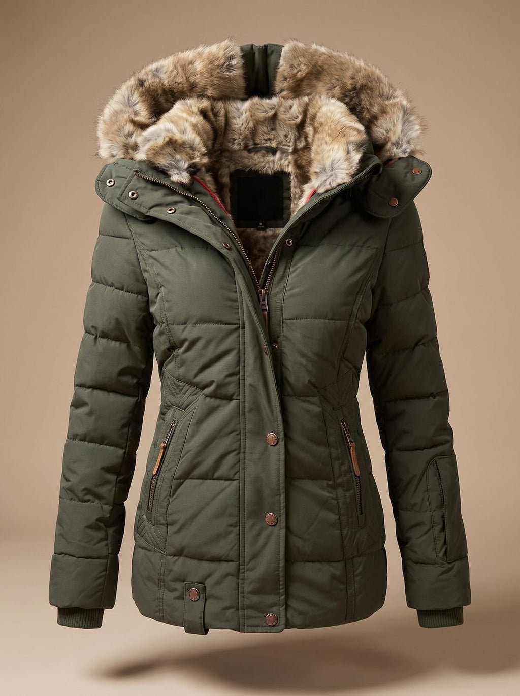 Women's Fitted Puffer Coat with Faux Fur Hood