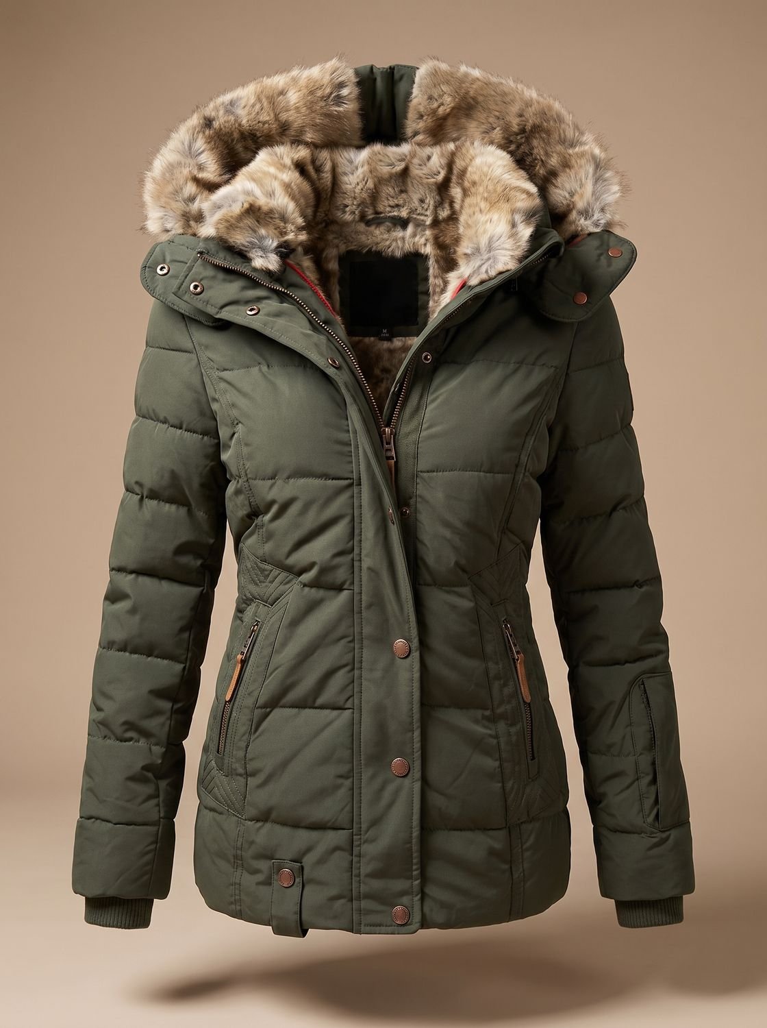 Women's Fitted Puffer Coat with Faux Fur Hood