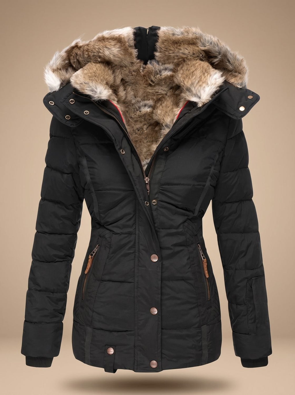 Women's Fitted Puffer Coat with Faux Fur Hood