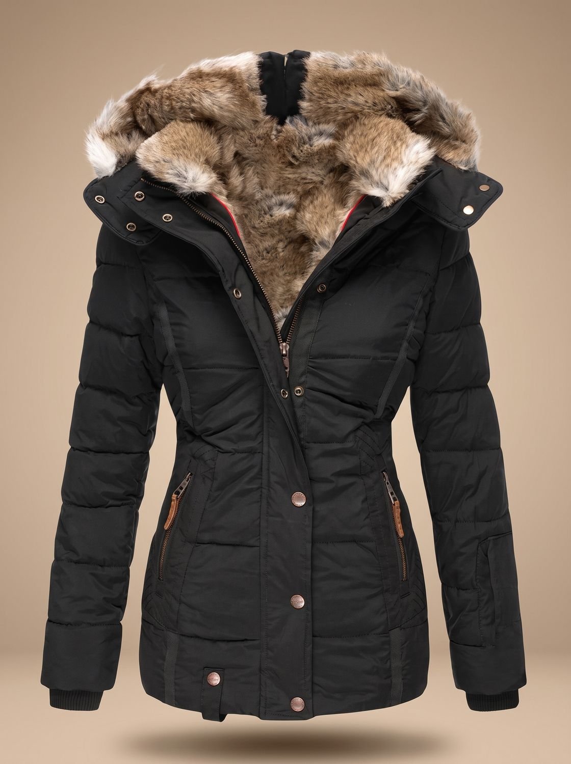 Women's Fitted Puffer Coat with Faux Fur Hood