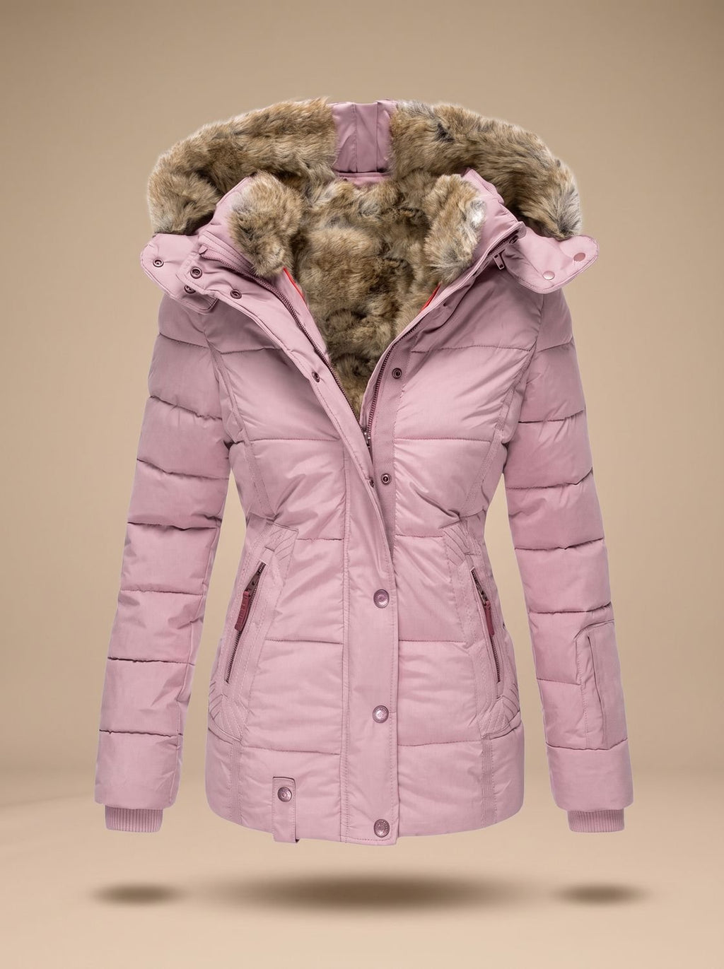 Women's Fitted Puffer Coat with Faux Fur Hood