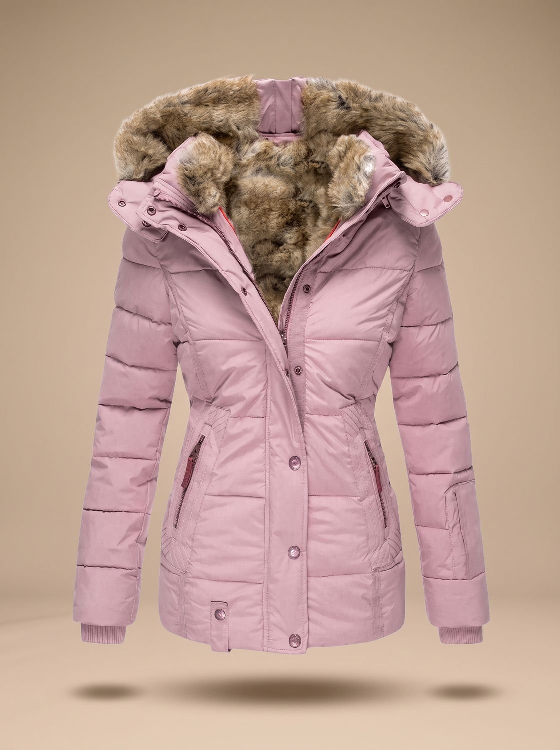 Women's Fitted Puffer Coat with Faux Fur Hood