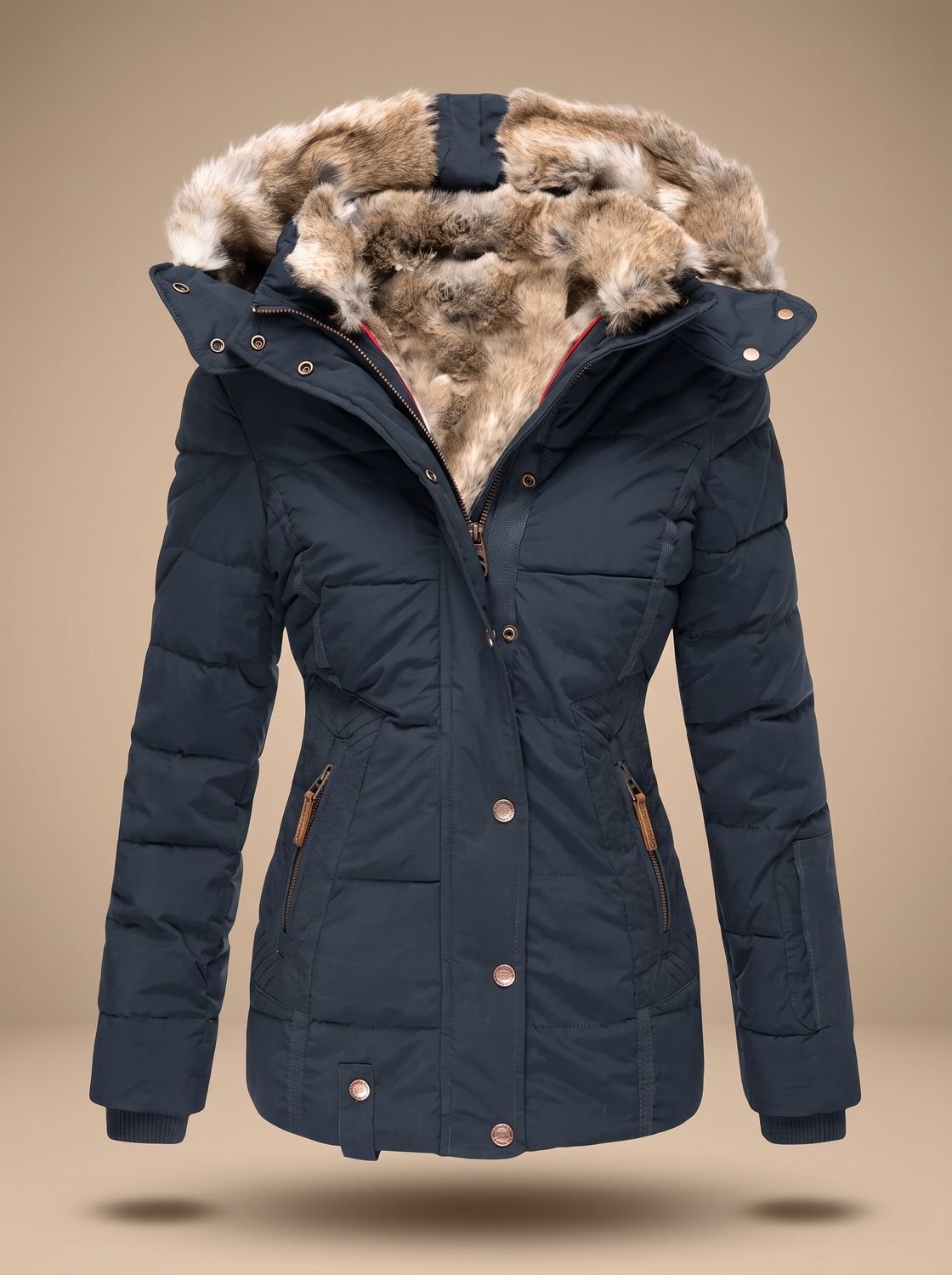 Women's Fitted Puffer Coat with Faux Fur Hood