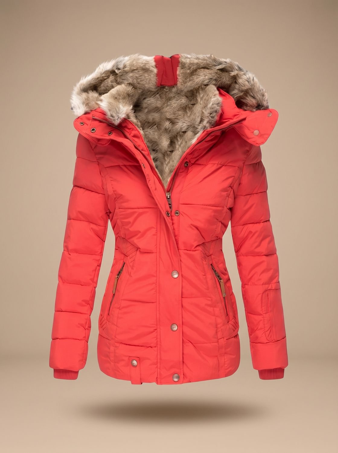 Women's Fitted Puffer Coat with Faux Fur Hood