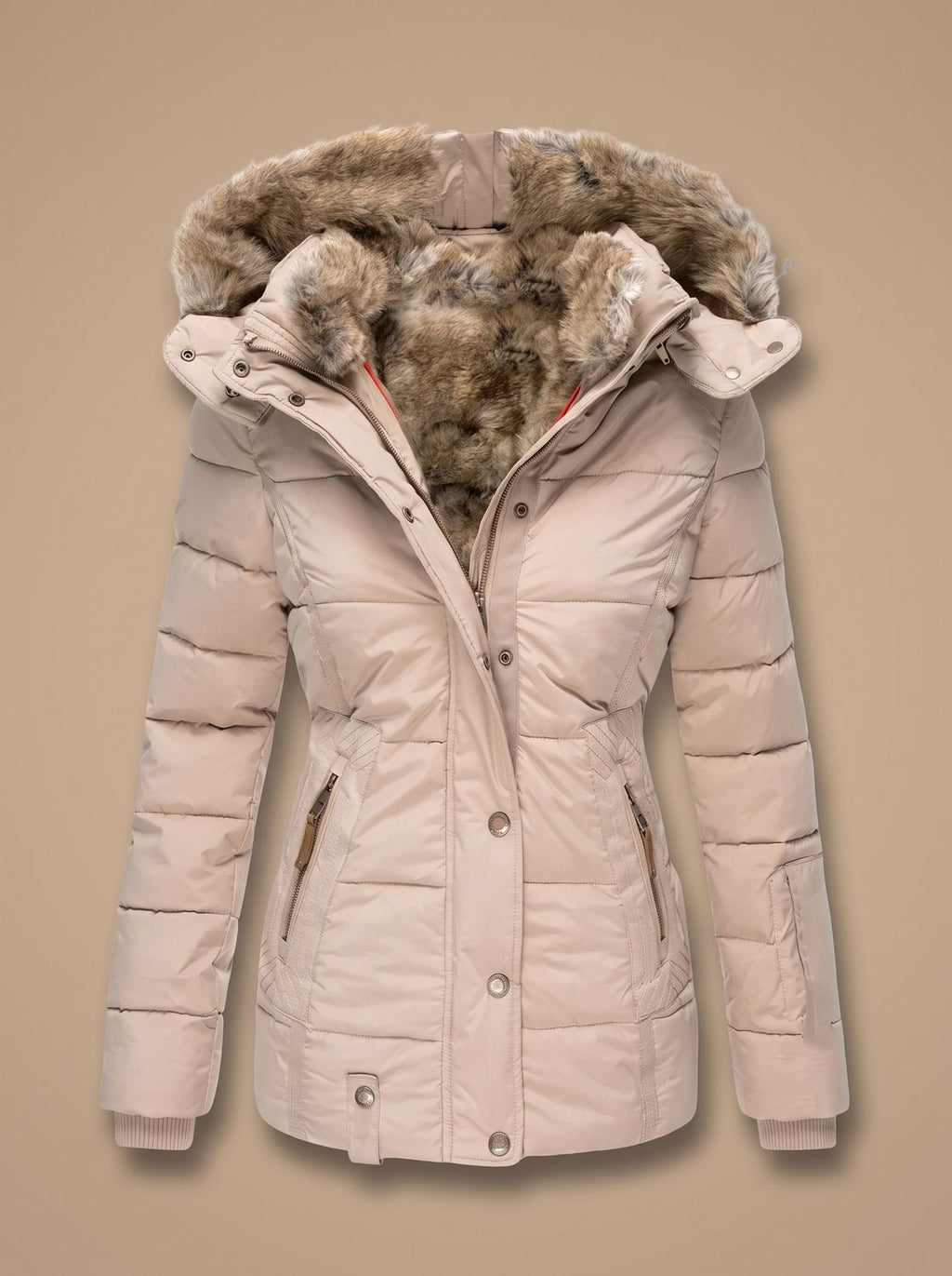 Women's Fitted Puffer Coat with Faux Fur Hood
