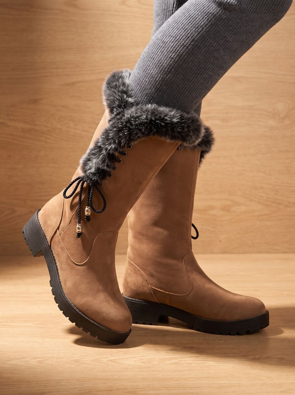 Women's Lug Sole Suede-Look Tall Winter Snow Boots