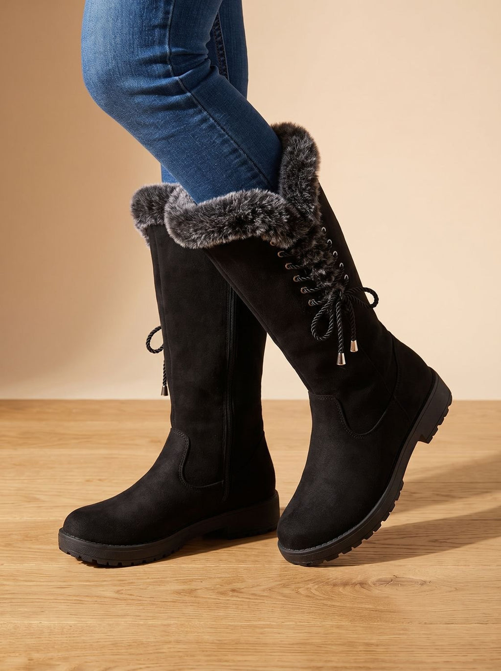 Women's Lug Sole Suede-Look Tall Winter Snow Boots