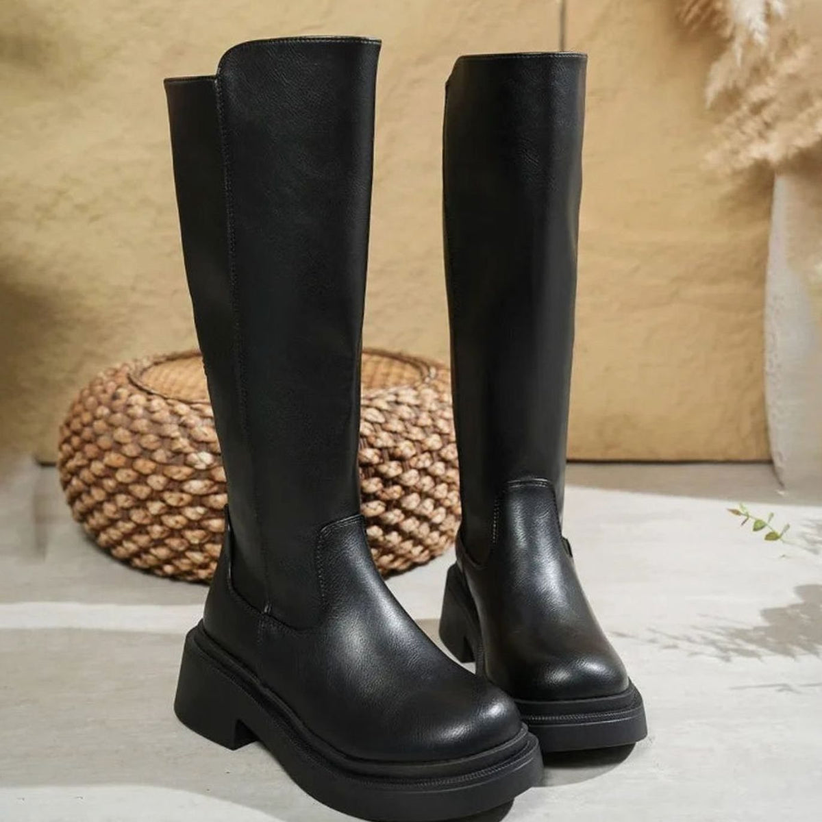 Women's Vegan Leather Knee-High Boots on Chunky Platform