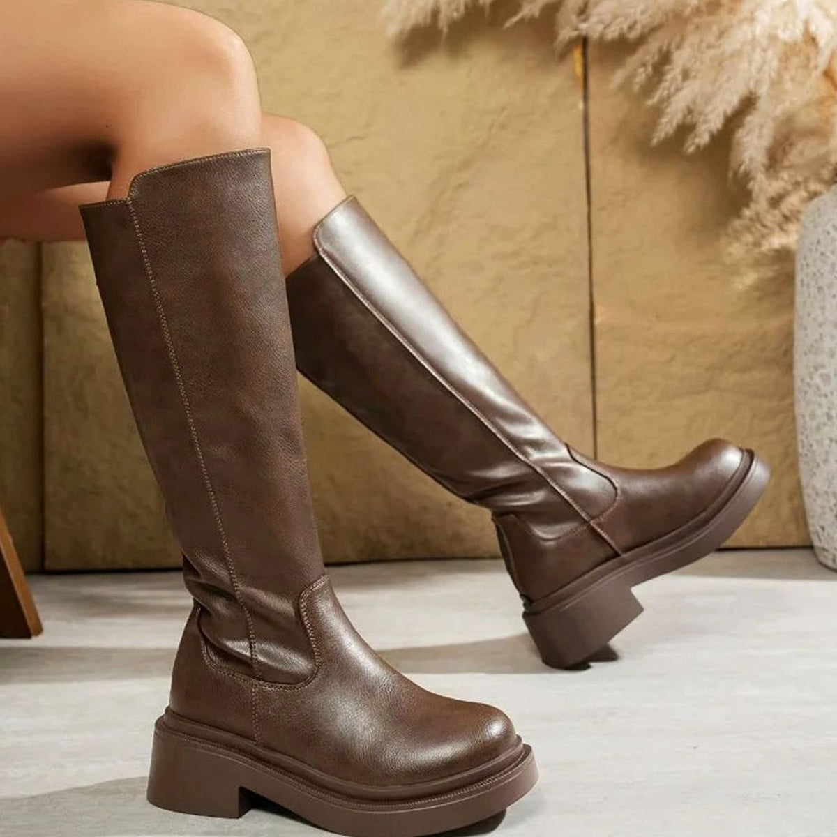 Women's Vegan Leather Knee-High Boots on Chunky Platform