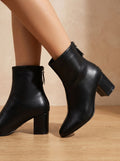 Women's Sleek Smooth Faux Leather Block-Heel Short Boots