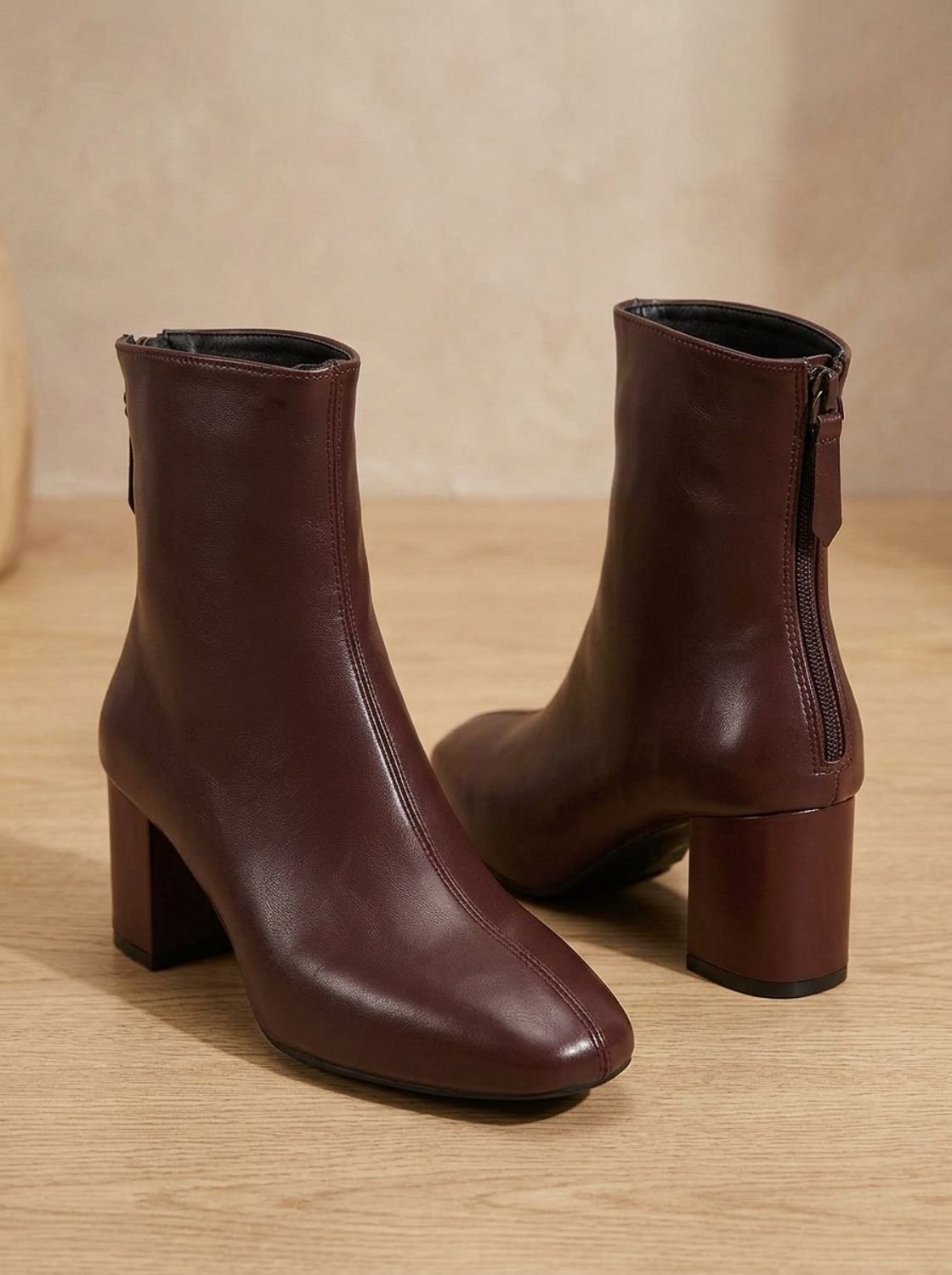 Women's Sleek Smooth Faux Leather Block-Heel Short Boots