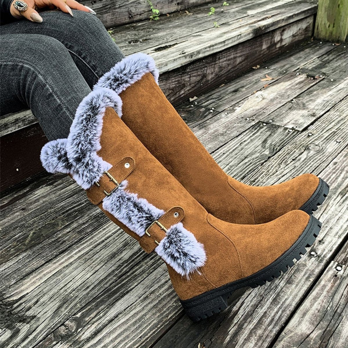 Women's Fur-Trimmed Suede-Look Tall Boots with Buckle