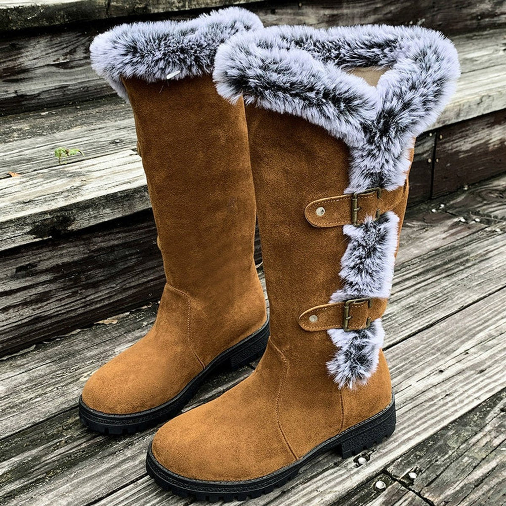 Women's Fur-Trimmed Suede-Look Tall Boots with Buckle