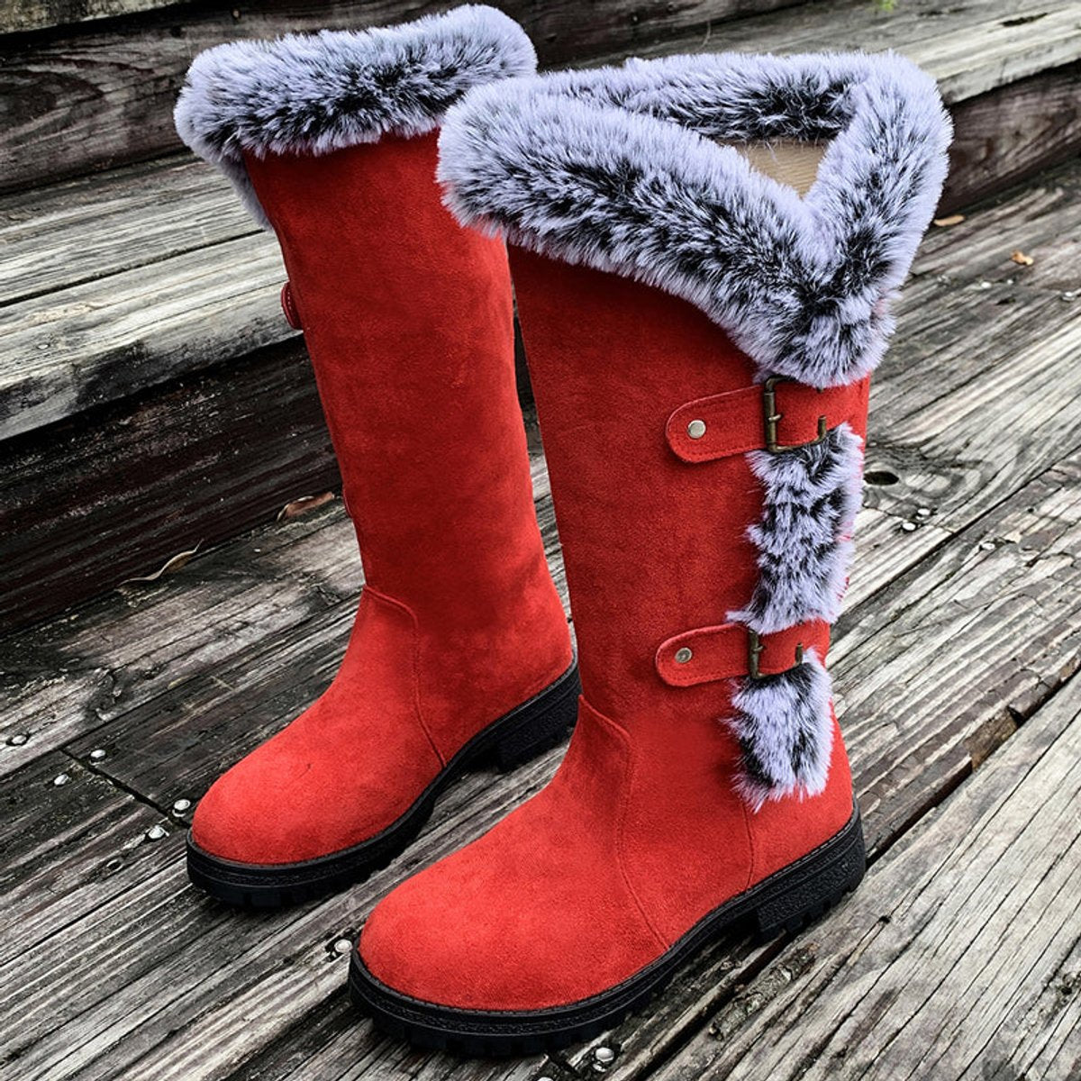 Women's Fur-Trimmed Suede-Look Tall Boots with Buckle