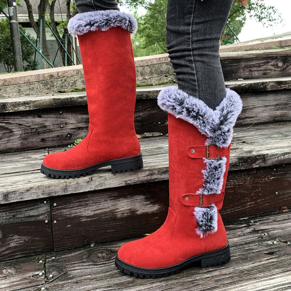 Women's Fur-Trimmed Suede-Look Tall Boots with Buckle