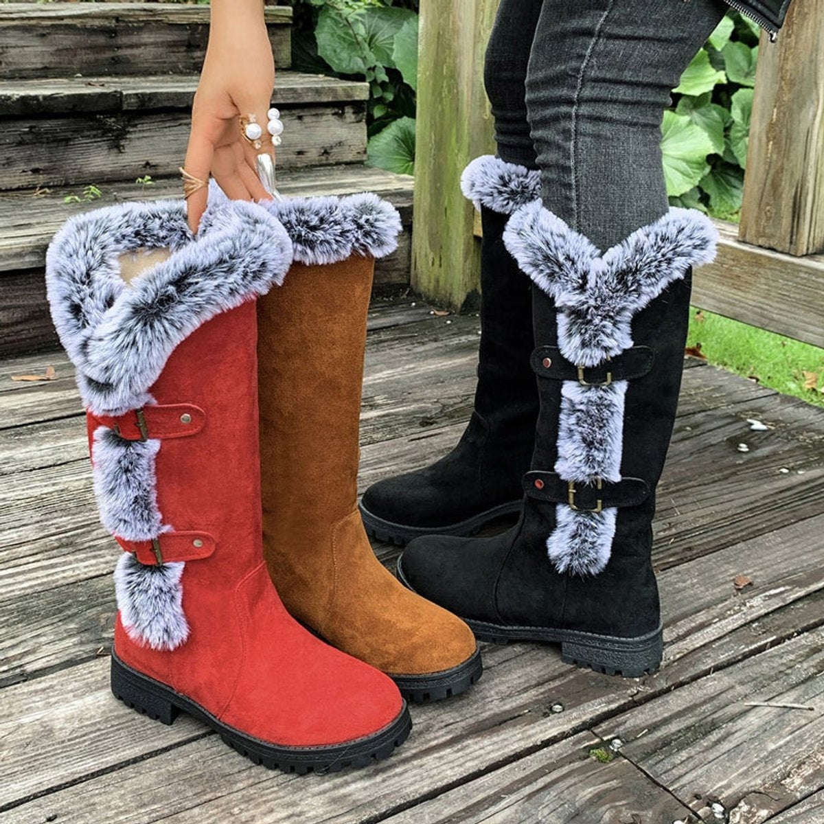 Women's Fur-Trimmed Suede-Look Tall Boots with Buckle