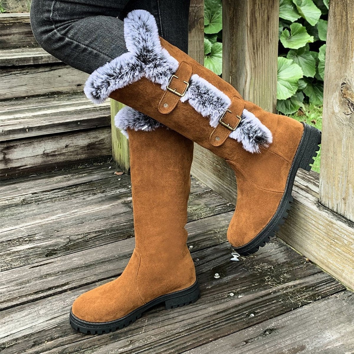Women's Fur-Trimmed Suede-Look Tall Boots with Buckle