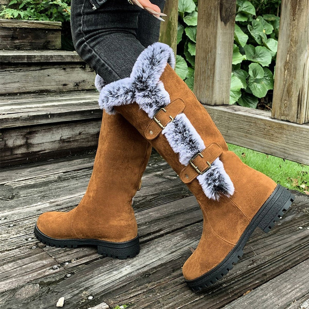 Women's Fur-Trimmed Suede-Look Tall Boots with Buckle