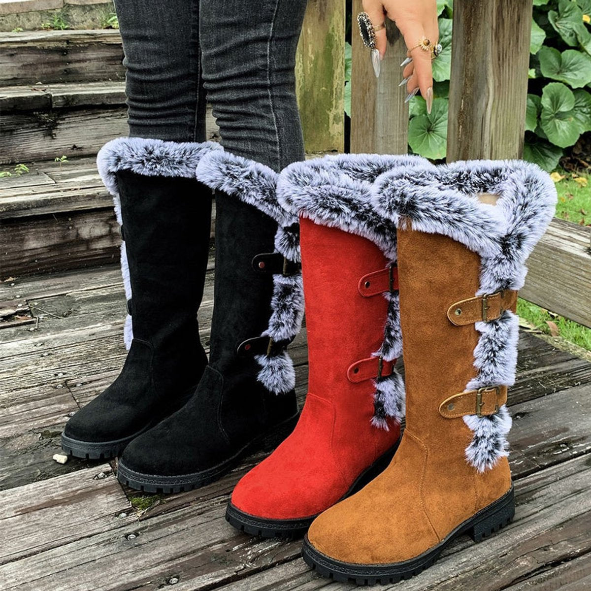 Women's Fur-Trimmed Suede-Look Tall Boots with Buckle