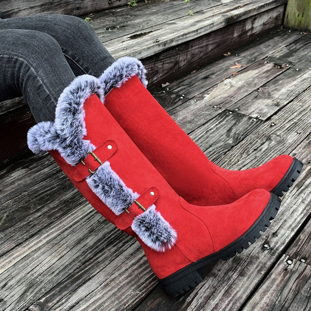 Women's Fur-Trimmed Suede-Look Tall Boots with Buckle