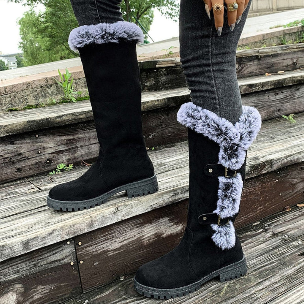 Women's Fur-Trimmed Suede-Look Tall Boots with Buckle