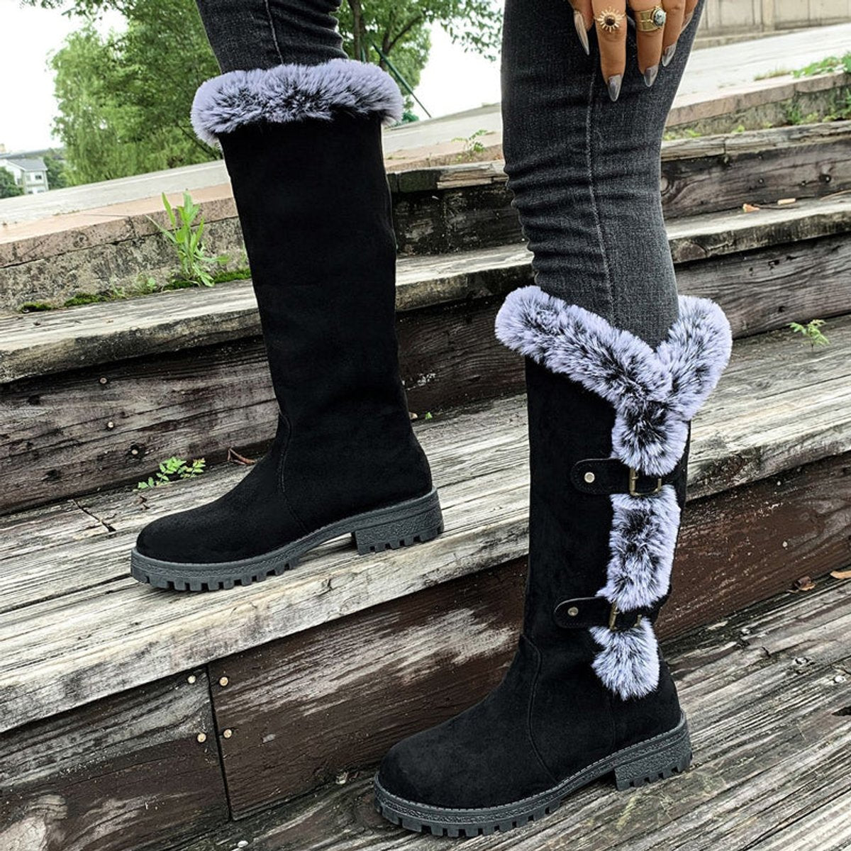 Women's Fur-Trimmed Suede-Look Tall Boots with Buckle