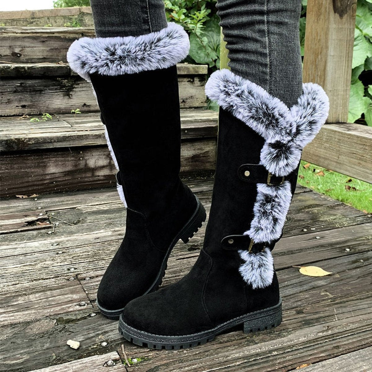 Women's Fur-Trimmed Suede-Look Tall Boots with Buckle