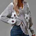 Women's V-Neck Floral Pattern Cold Weather Knit Sweater