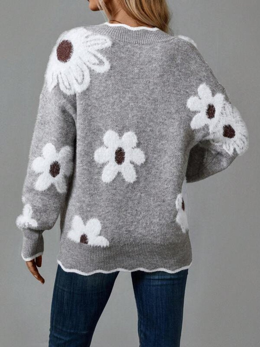 Women's V-Neck Floral Pattern Cold Weather Knit Sweater