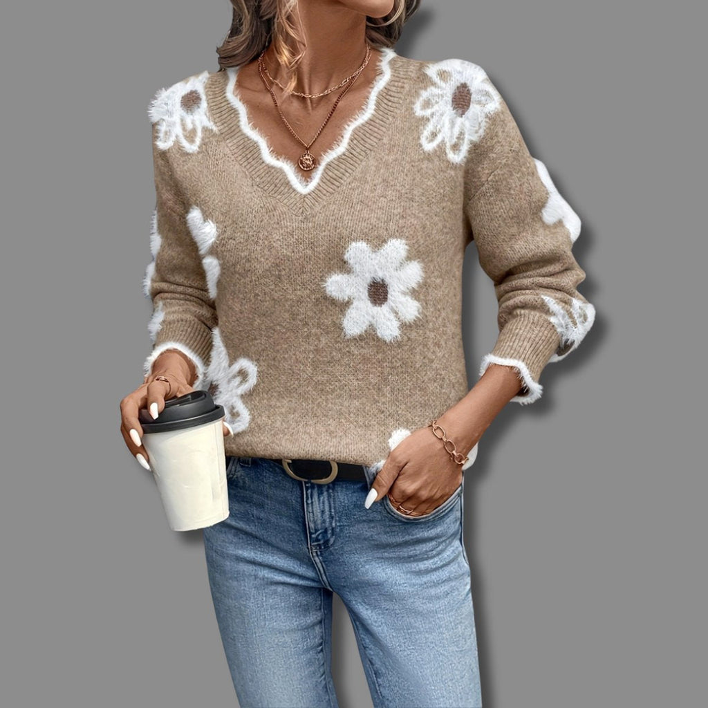 Women's V-Neck Floral Pattern Cold Weather Knit Sweater