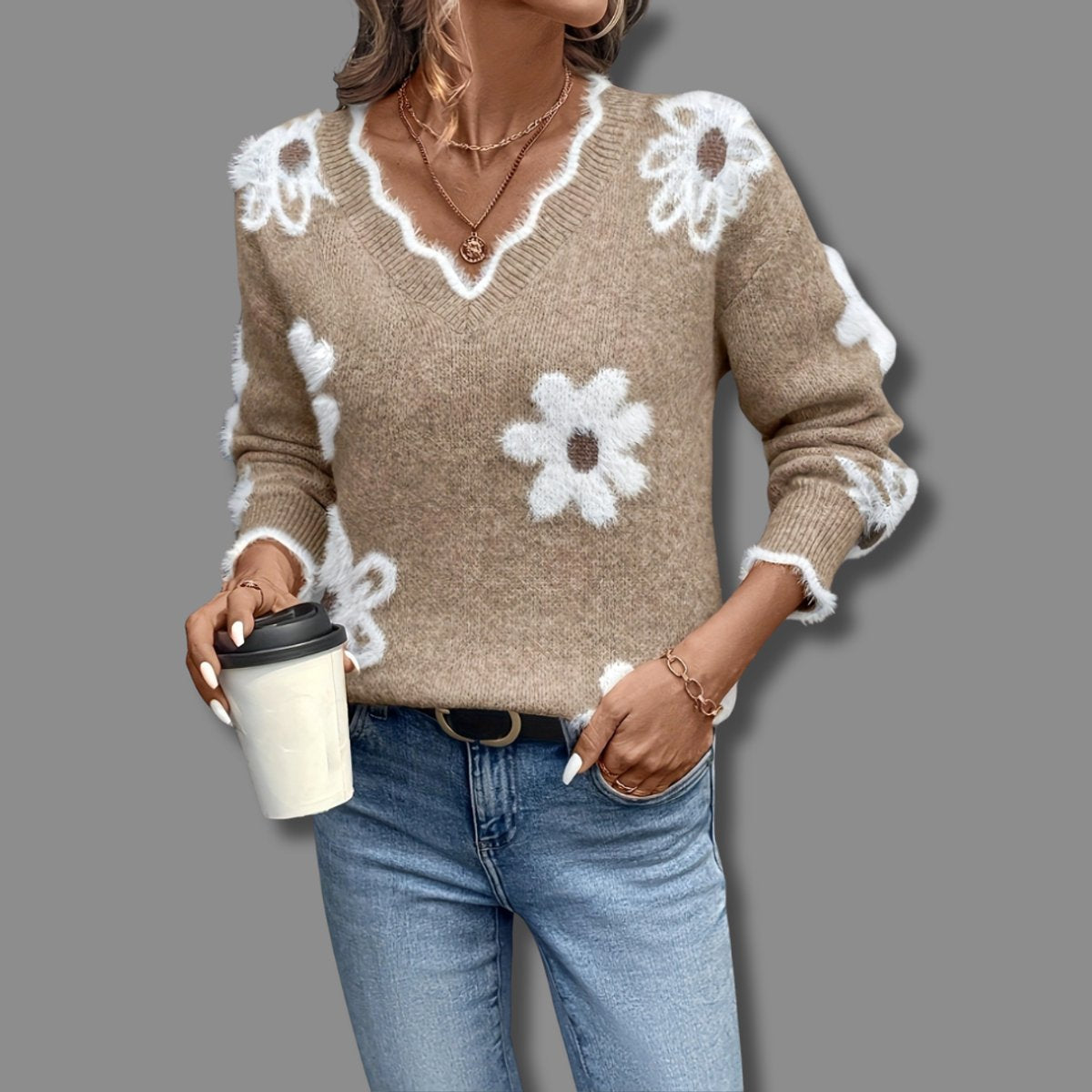 Women's V-Neck Floral Pattern Cold Weather Knit Sweater