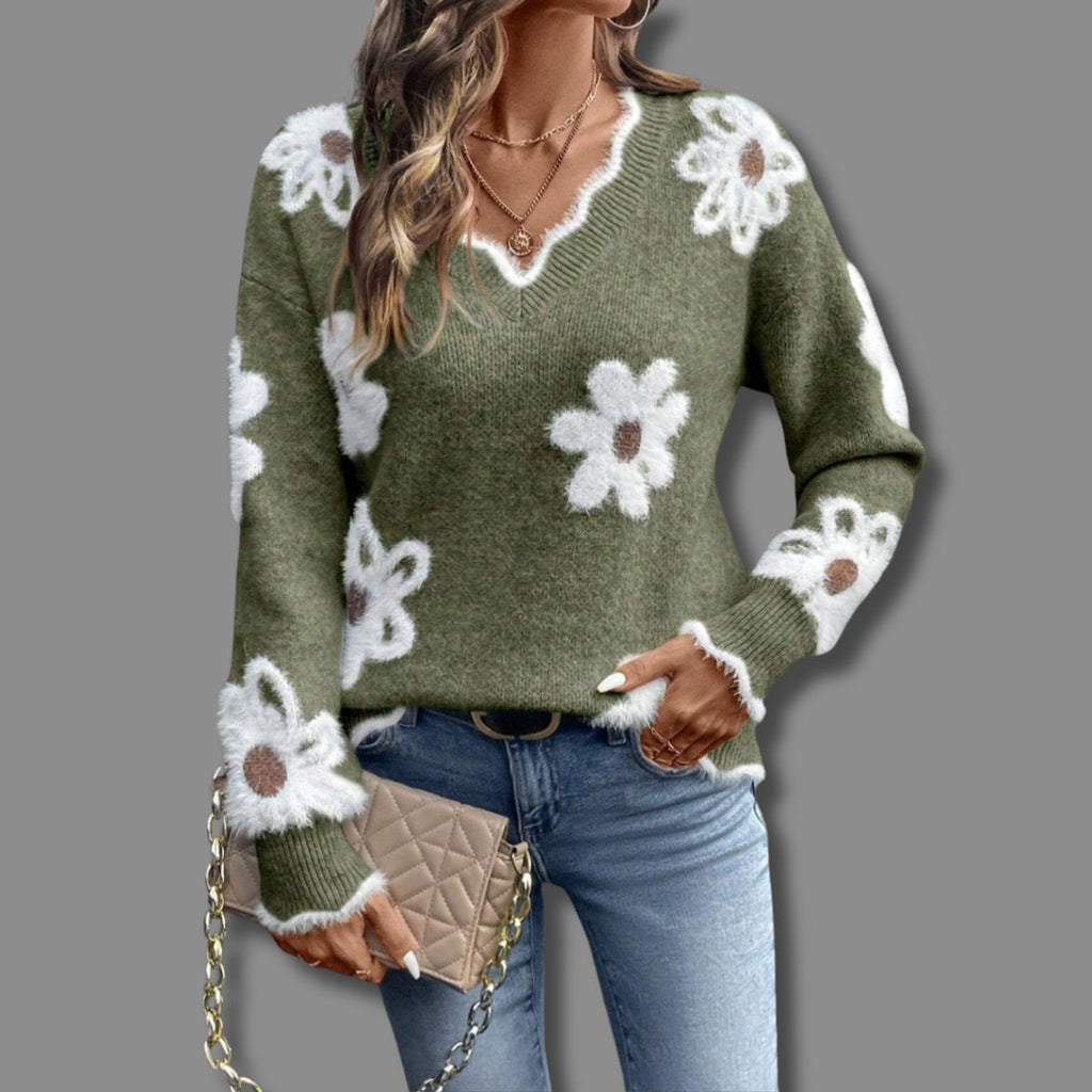 Women's V-Neck Floral Pattern Cold Weather Knit Sweater