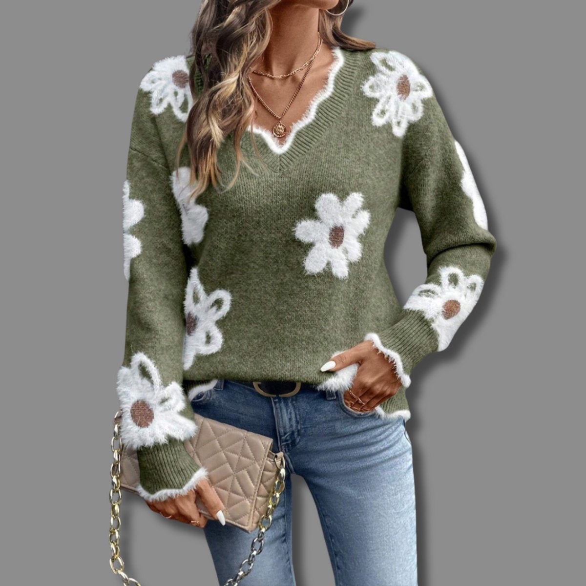 Women's V-Neck Floral Pattern Cold Weather Knit Sweater