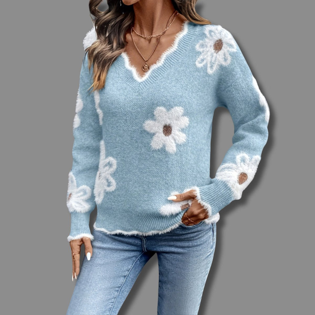Women's V-Neck Floral Pattern Cold Weather Knit Sweater
