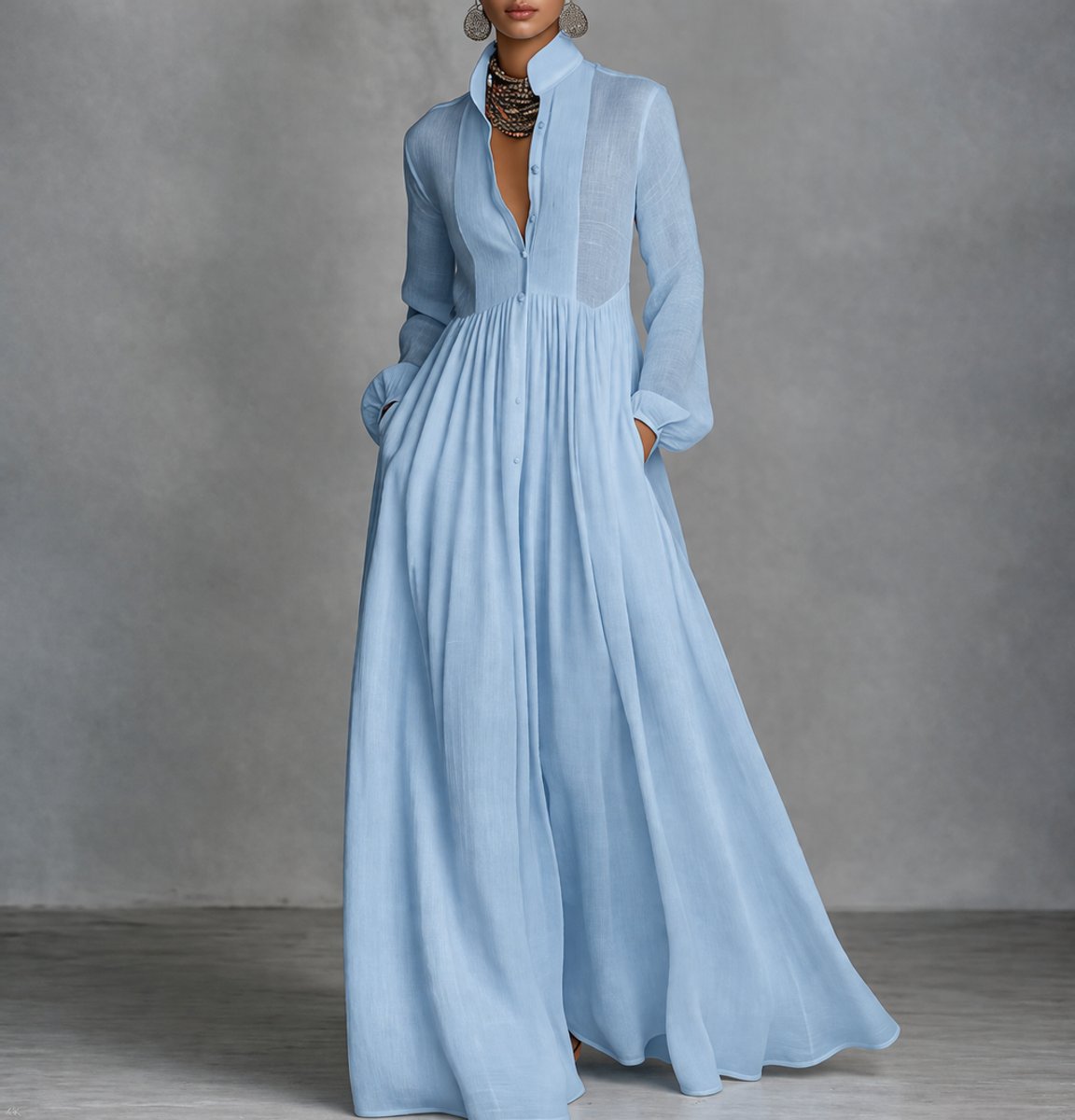 Women's Sweeping Skirt Buttoned Flowy Maxi Dress