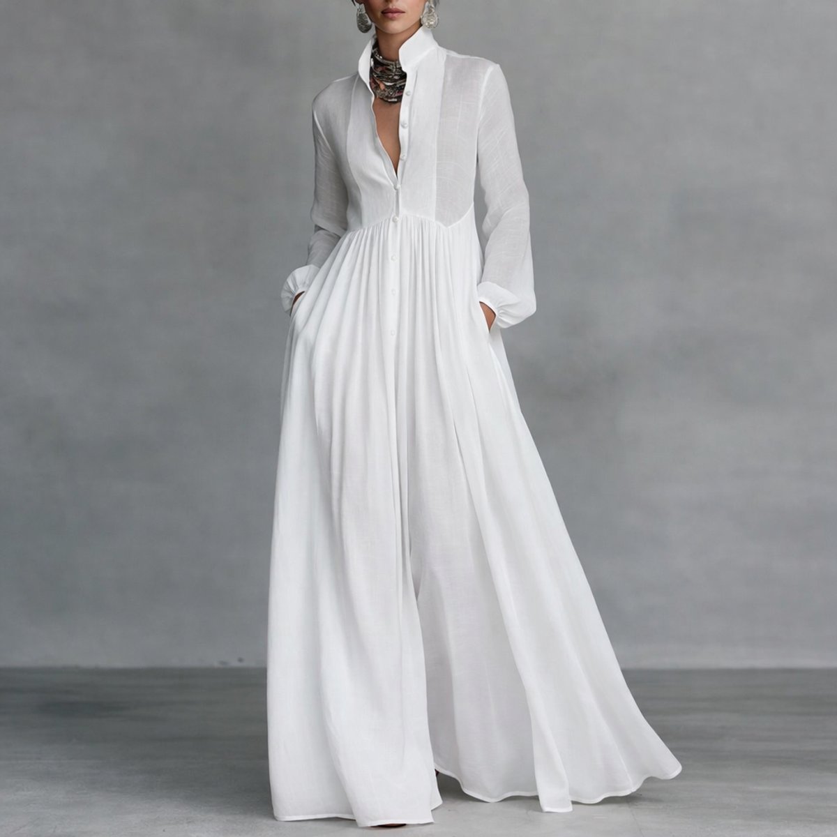 Women's Sweeping Skirt Buttoned Flowy Maxi Dress