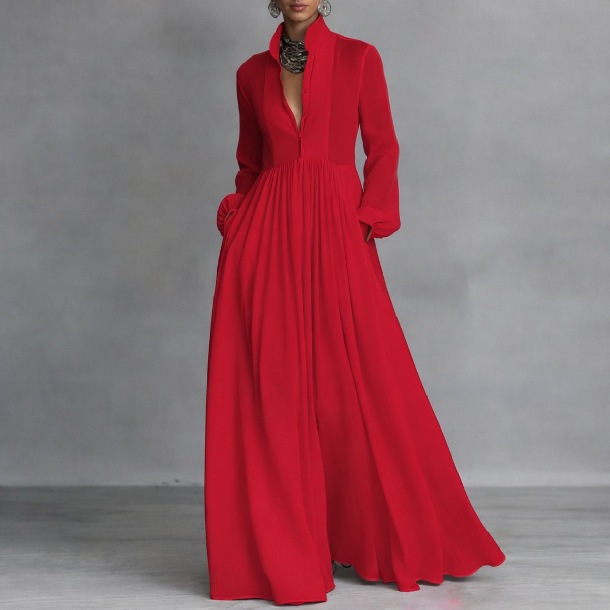 Women's Sweeping Skirt Buttoned Flowy Maxi Dress