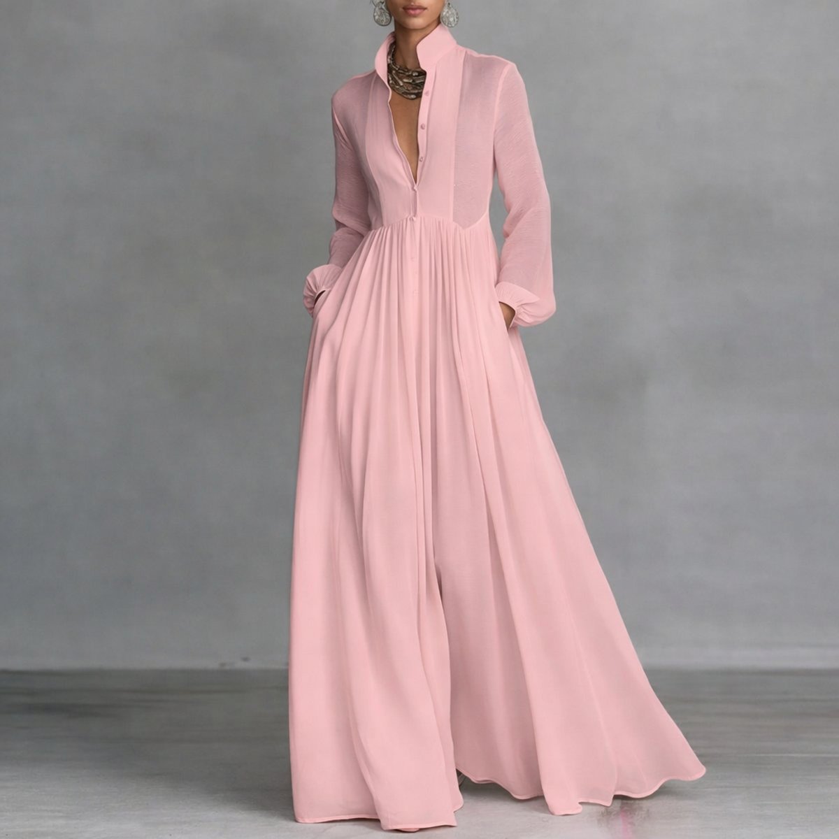 Women's Sweeping Skirt Buttoned Flowy Maxi Dress