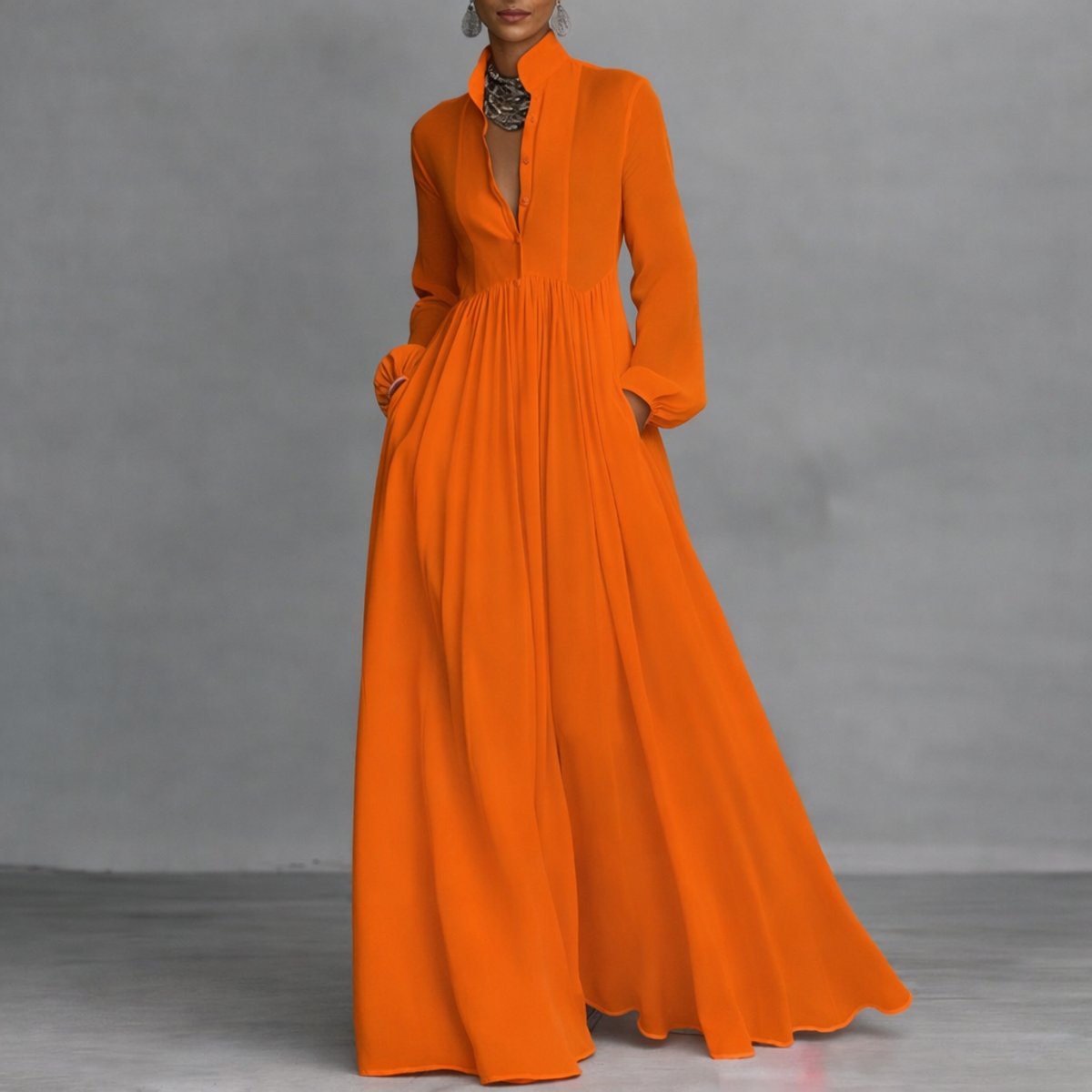 Women's Sweeping Skirt Buttoned Flowy Maxi Dress