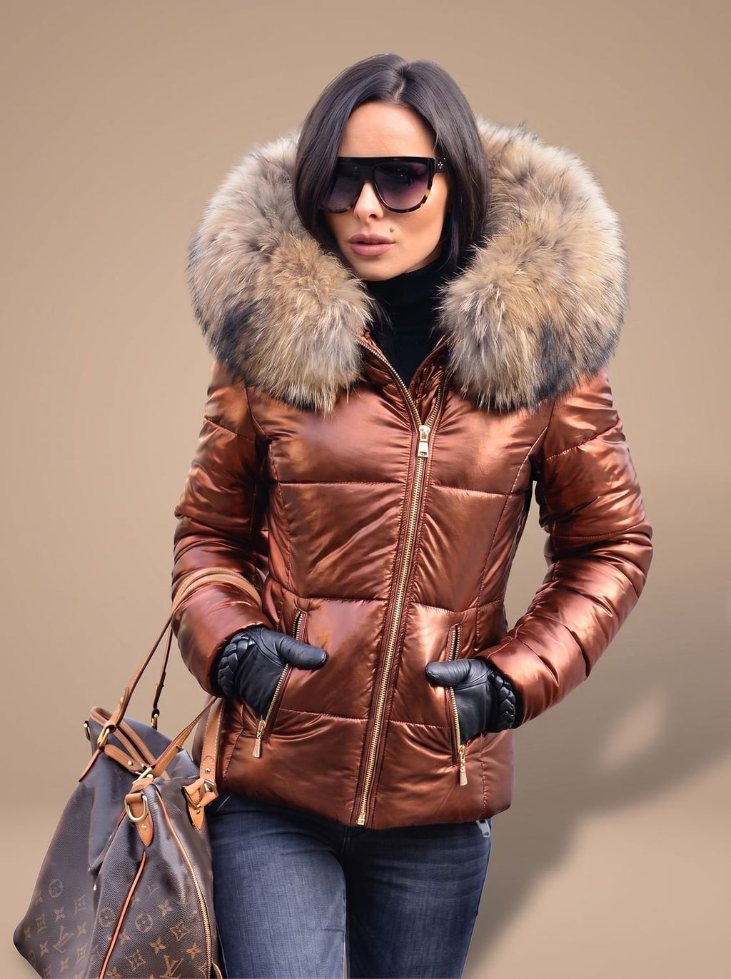 Women's Tapered Quilted Puffer Overcoat with Faux Fur Hood