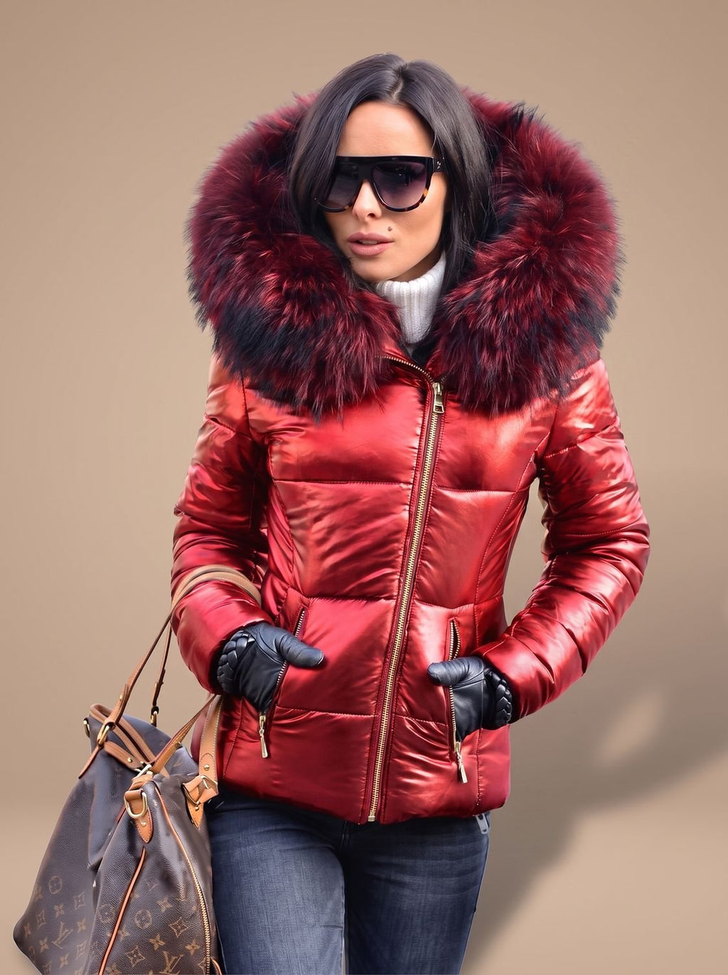 Women's Tapered Quilted Puffer Overcoat with Faux Fur Hood