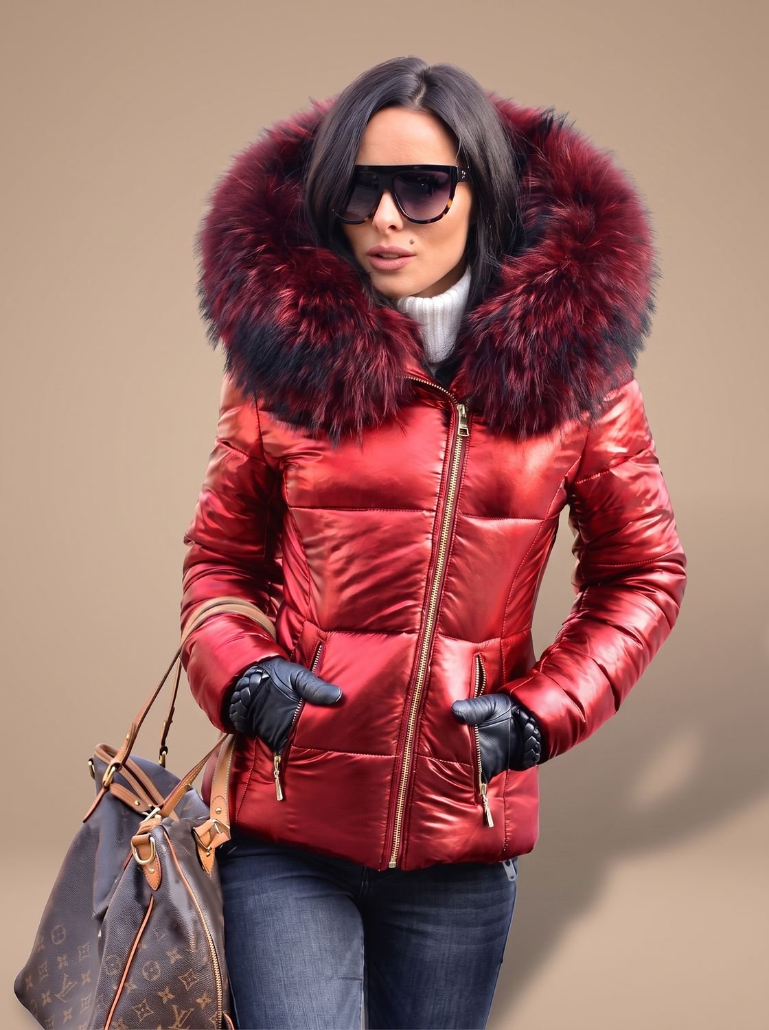 Women's Tapered Quilted Puffer Overcoat with Faux Fur Hood