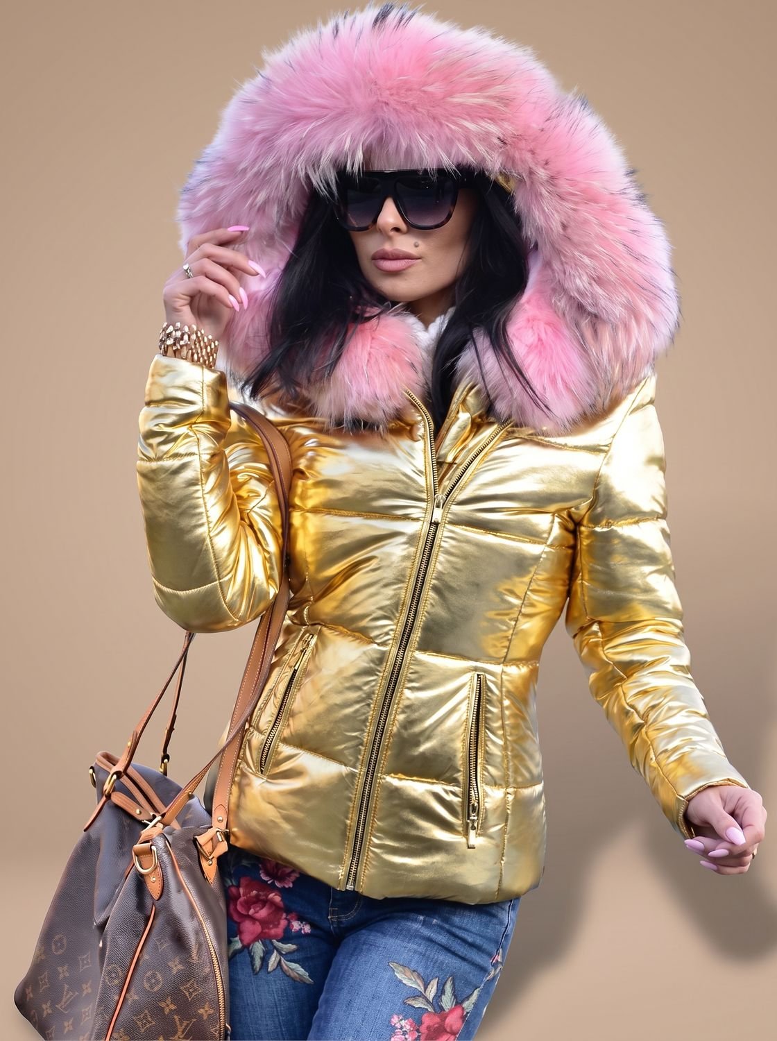 Women's Tapered Quilted Puffer Overcoat with Faux Fur Hood