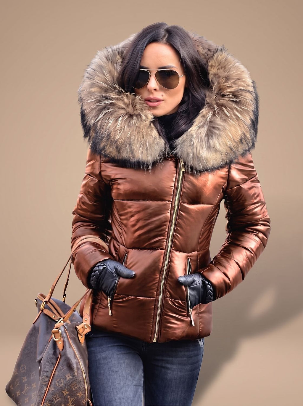 Women's Tapered Quilted Puffer Overcoat with Faux Fur Hood