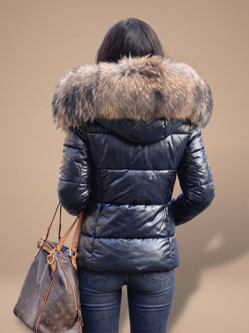 Women's Tapered Quilted Puffer Overcoat with Faux Fur Hood