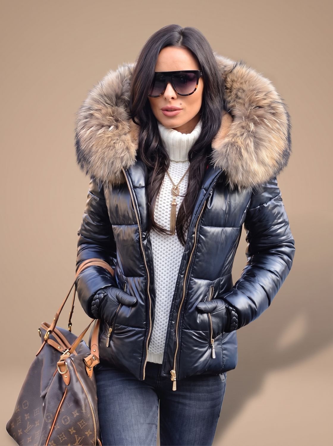 Women's Tapered Quilted Puffer Overcoat with Faux Fur Hood