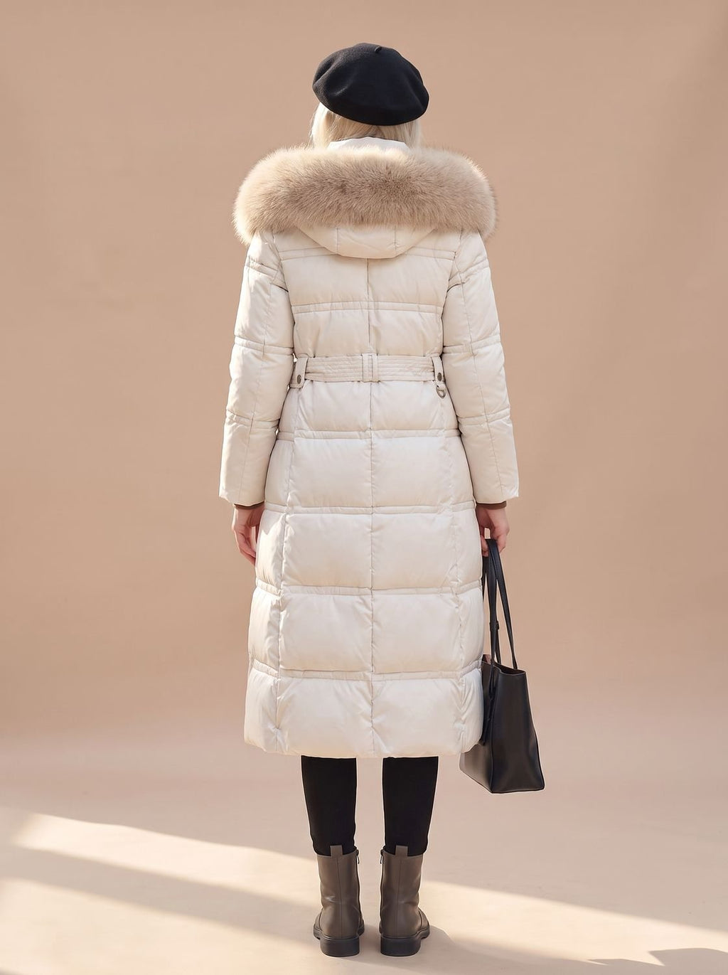 Women's Belted Long Puffer Overcoat with Faux Fur Hood