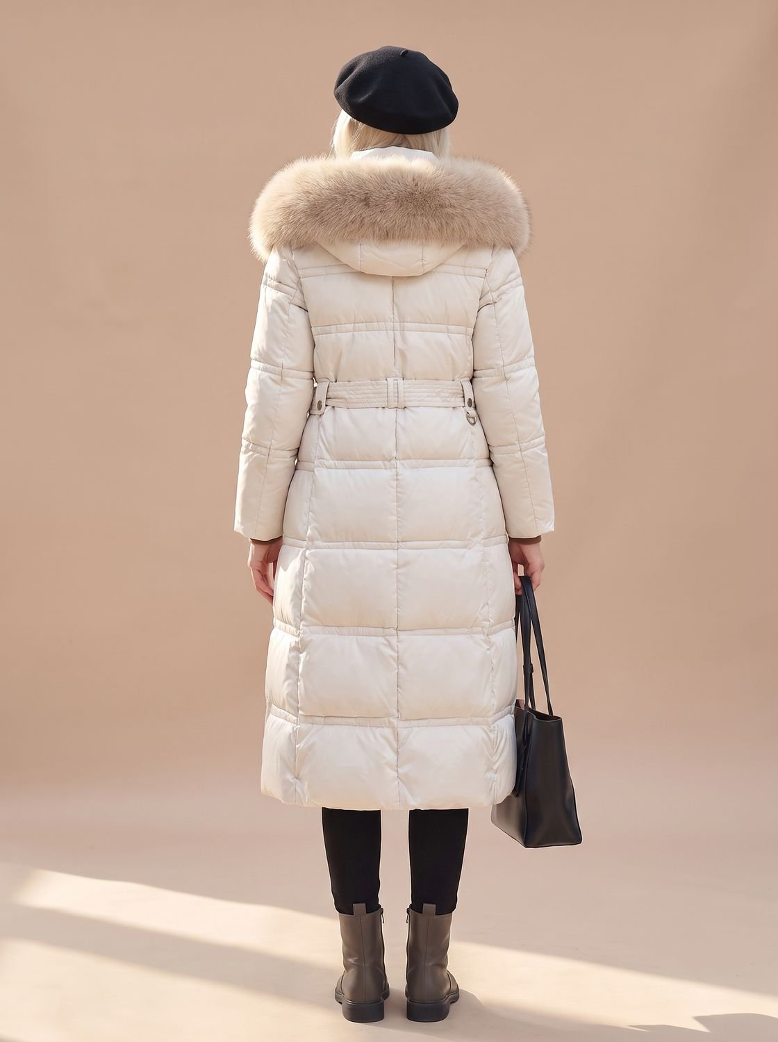 Women's Belted Long Puffer Overcoat with Faux Fur Hood